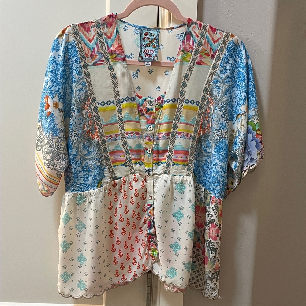 Johnny Was Embroidered Patchwork Top